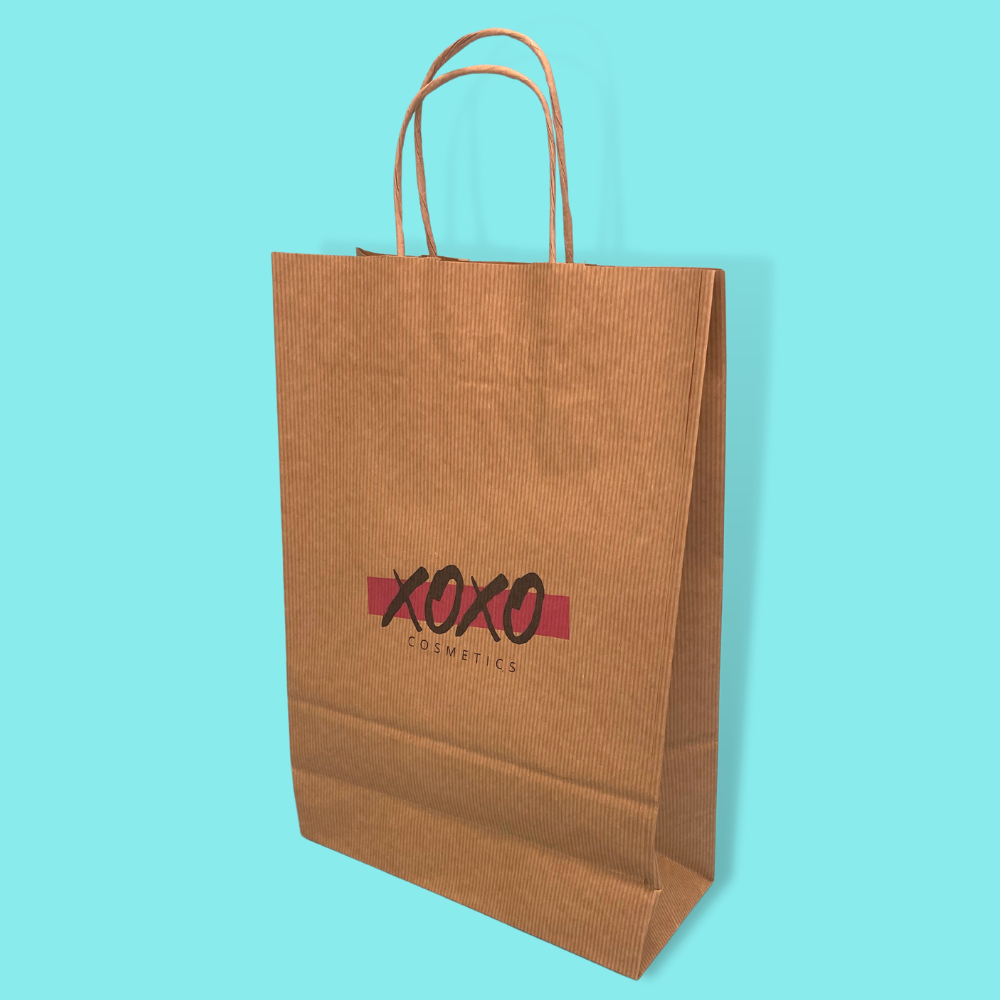 Customised Printed Ribbed Kraft Premium Brown Twist Handle Paper Carrier Bags - 220x100x330mm