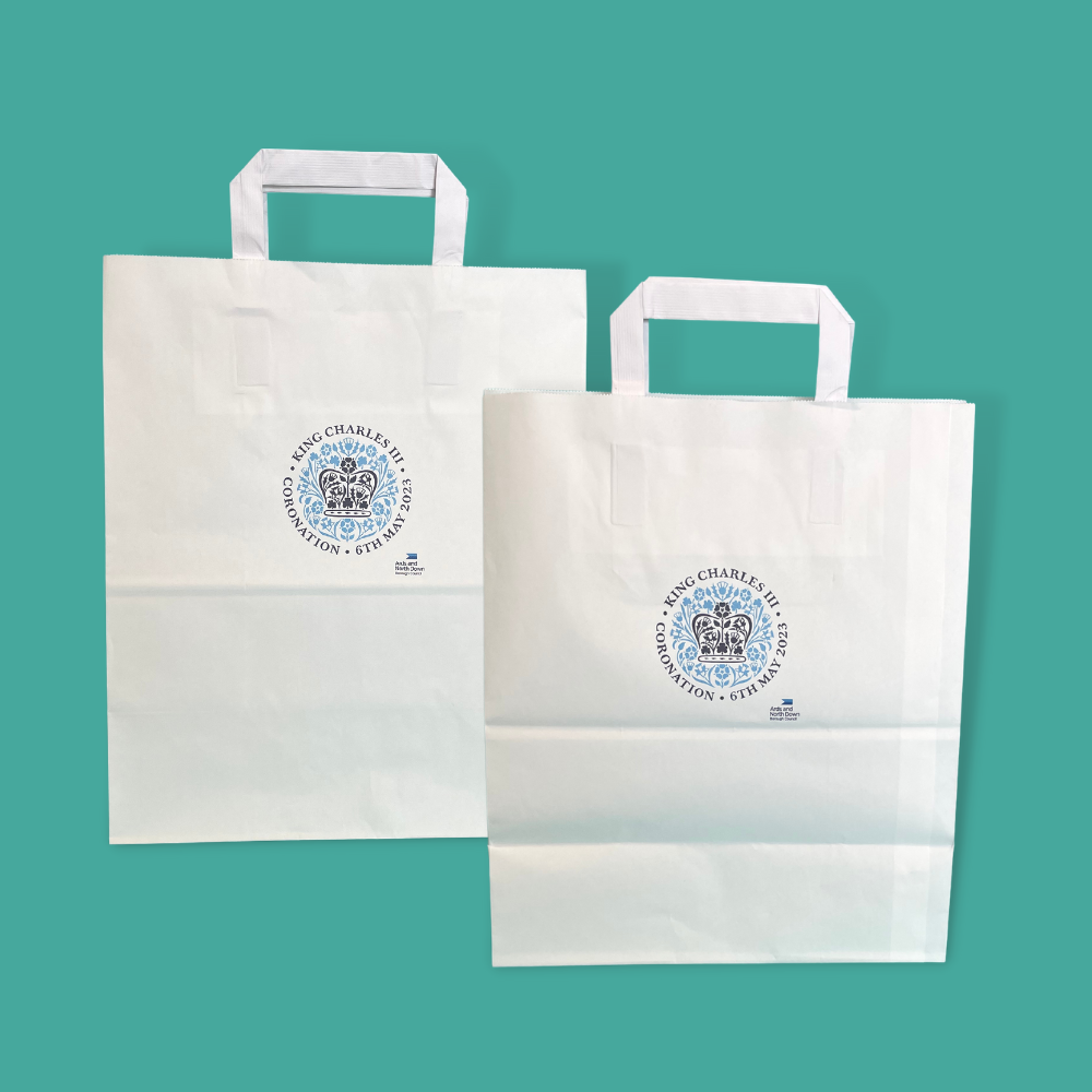 Customised Printed White Tape Handle Paper Carrier Bags - 203x127x254mm - Sample