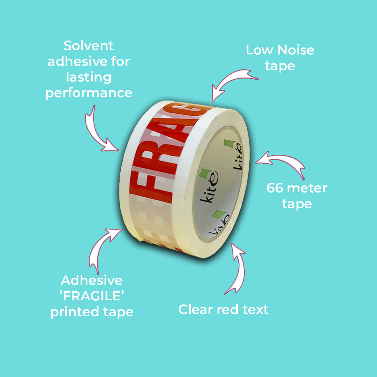 White & Red 'Fragile' Packing Warning Tape - 48mm x 66m