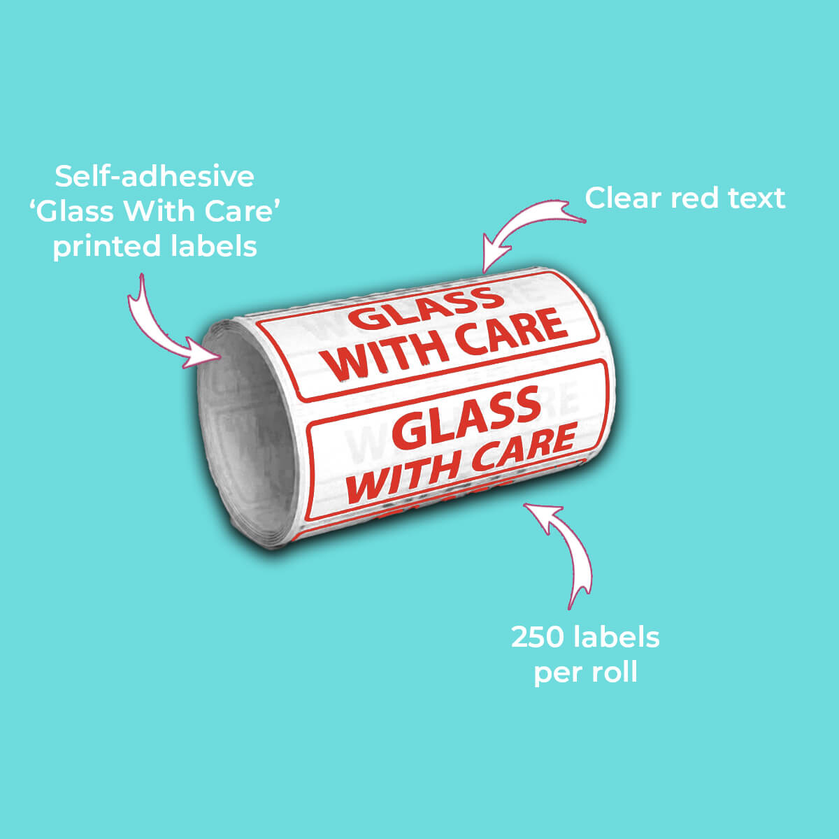 White & Red 'Glass With Care' Warning Labels - 152x50mm