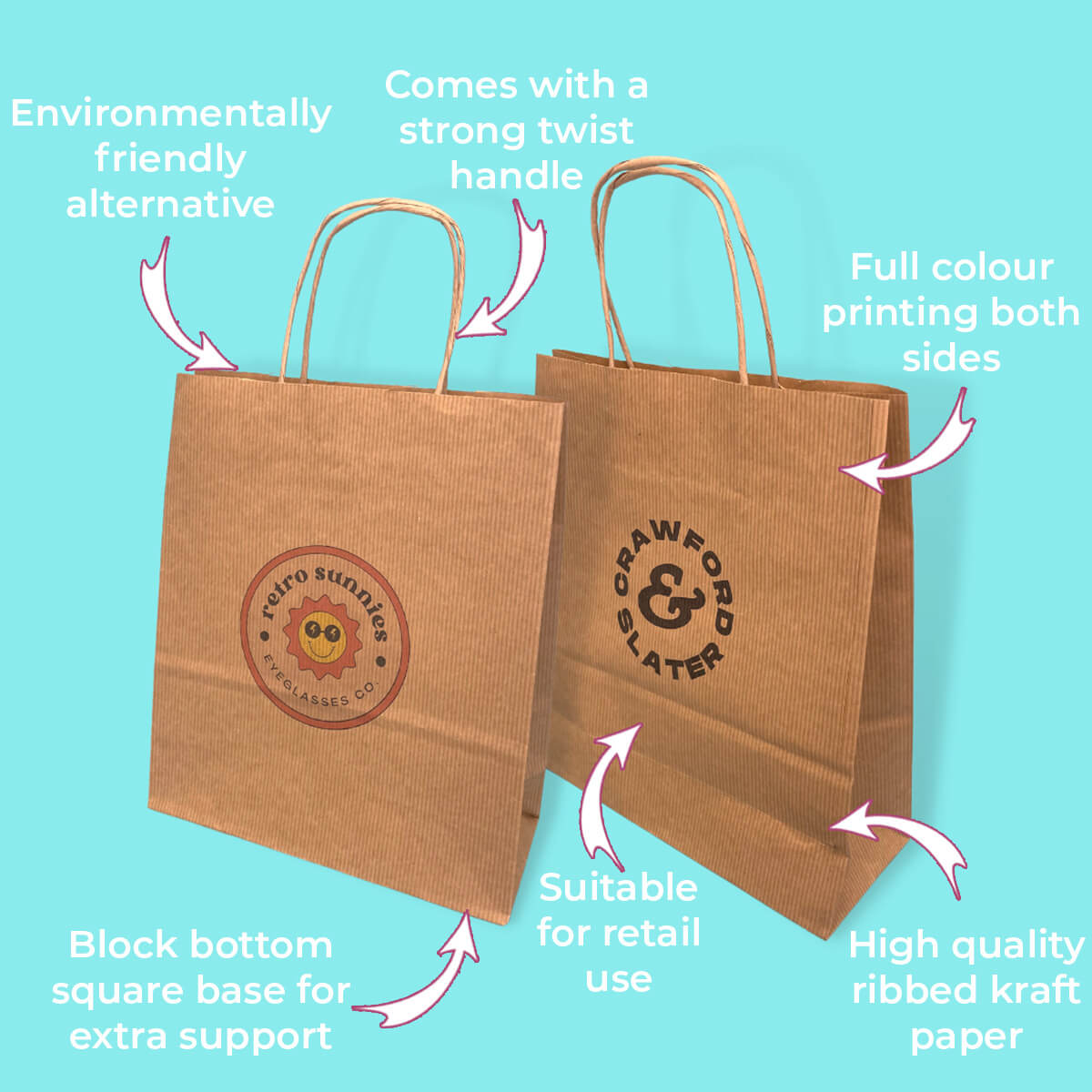 Customised Printed Ribbed Kraft Premium Brown Twist Handle Paper Carrier Bags - 200x80x240mm - Sample