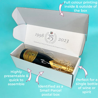 Customised Printed Single Bottle Corrugated Sleeves Packaging Kit - Includes Corrugated Bottle Sleeves & White Postal Boxes