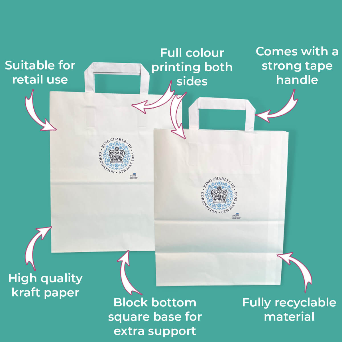 Customised Printed White Tape Handle Paper Carrier Bags - 305x127x406mm - Sample