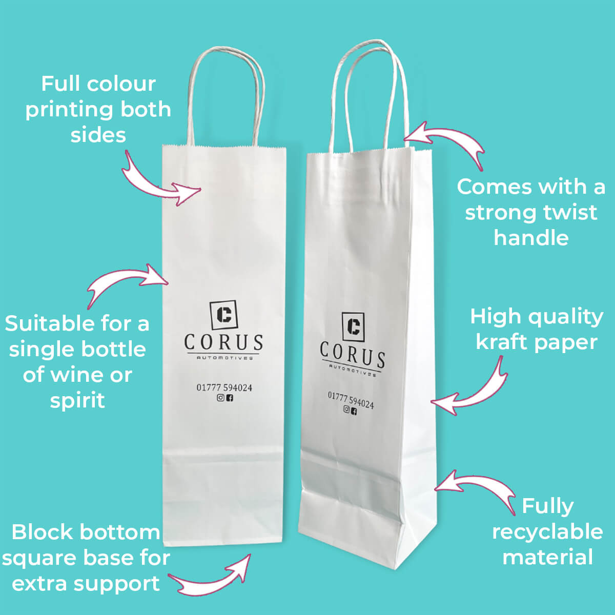 Customised Printed White Twist Handle Paper Carrier Bags - 110x85x360mm