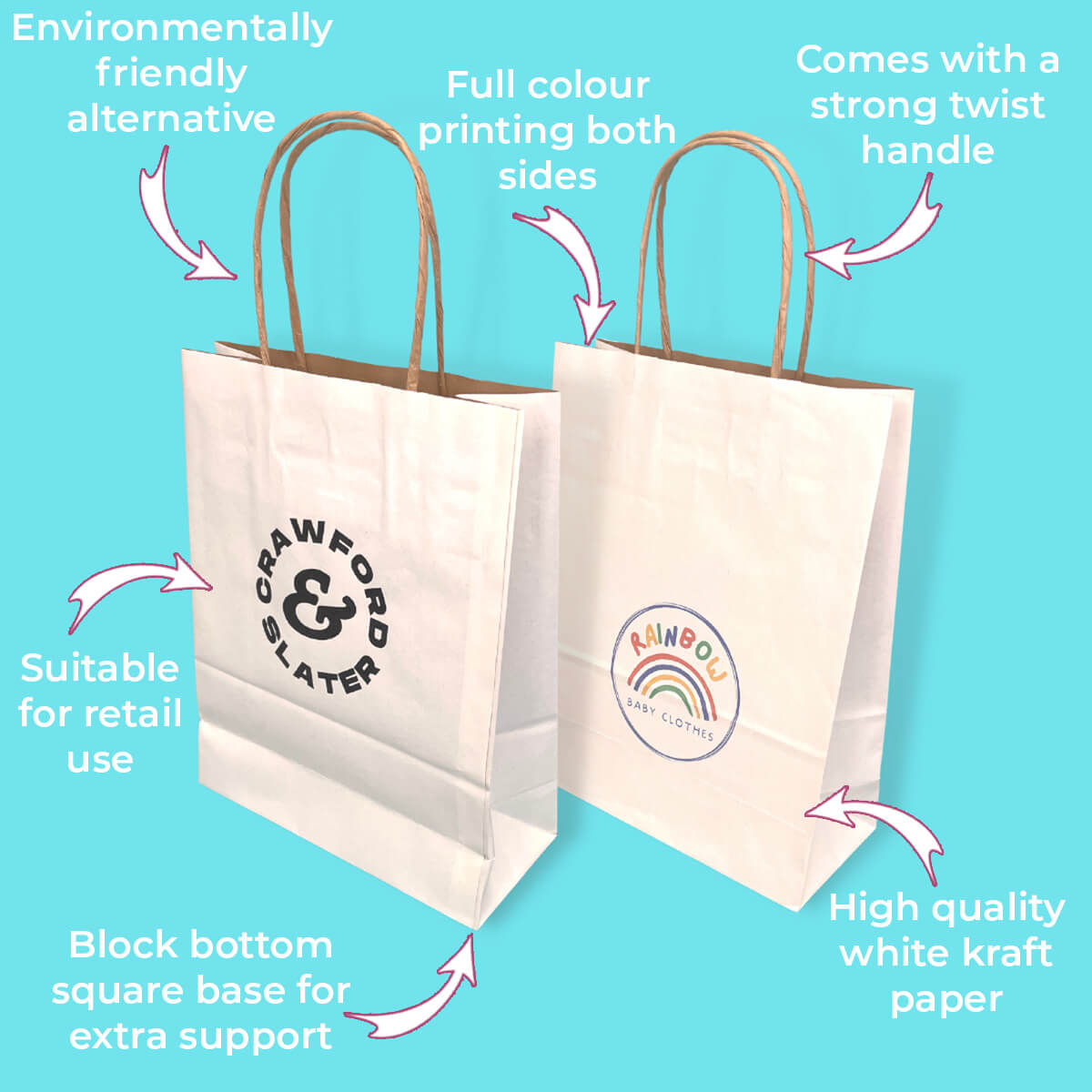 Customised Printed White Kraft Premium Twist Handle Paper Carrier Bags - 185x80x240mm