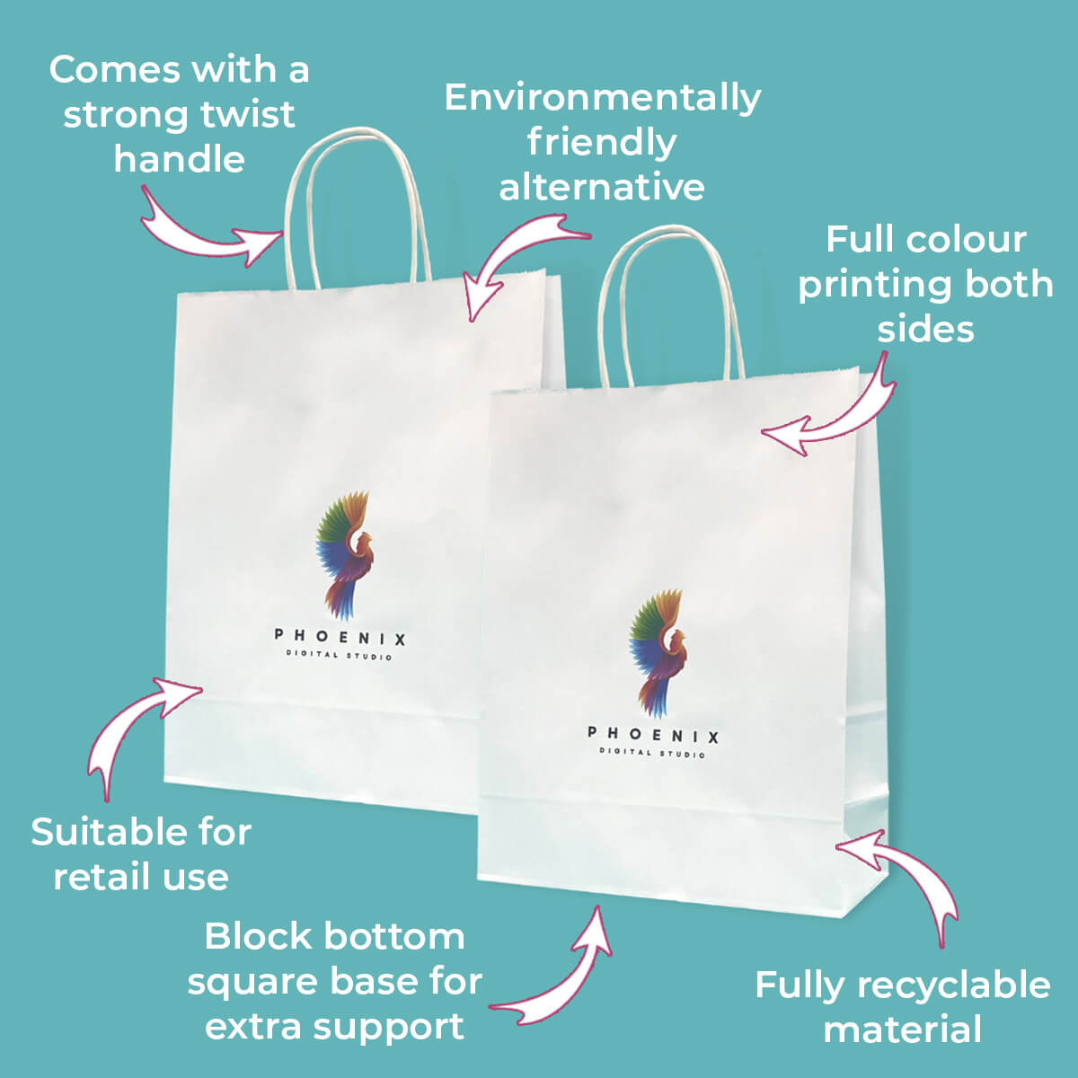 Customised Printed White Twist Handle Paper Carrier Bags - 190x80x210mm